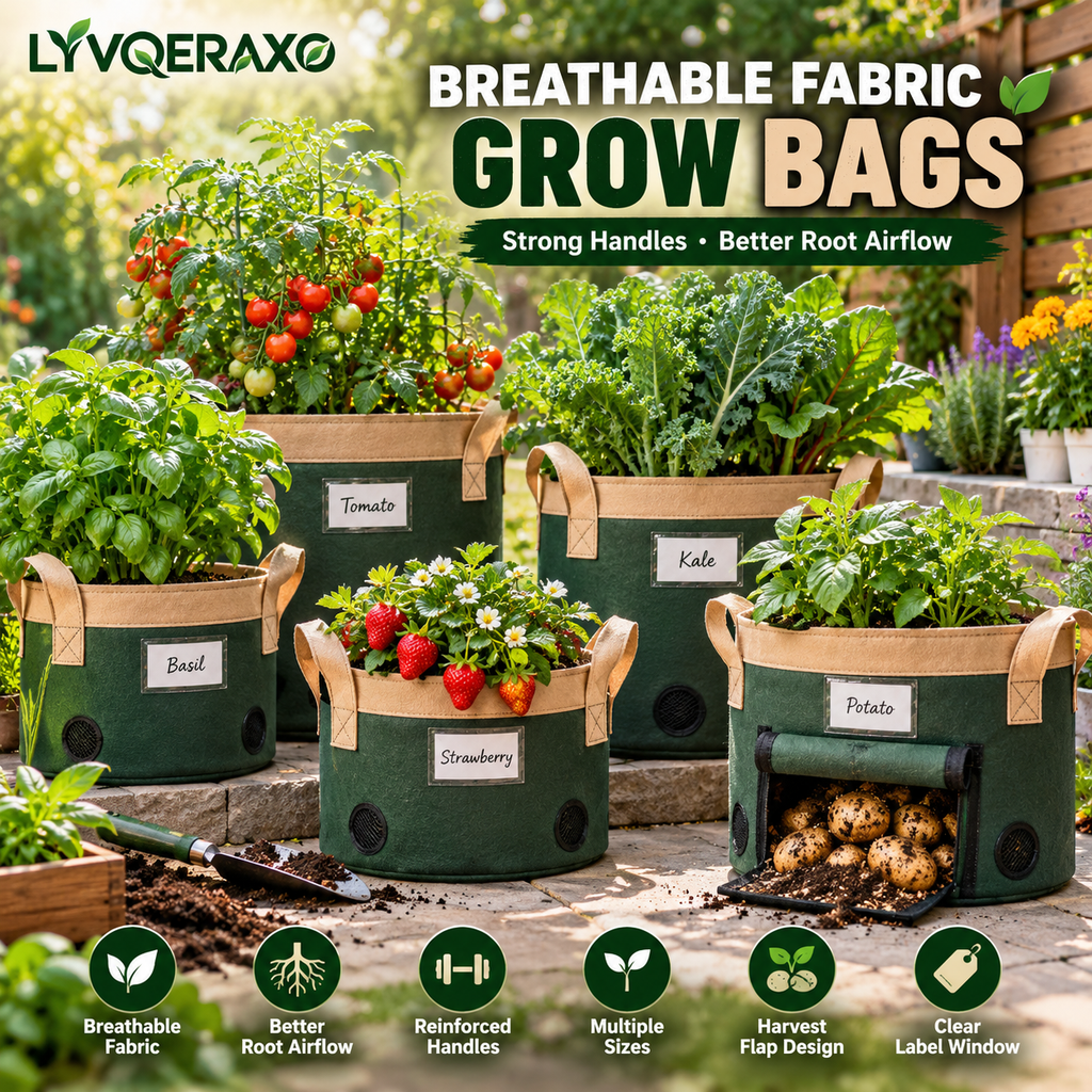 Breathable Fabric Grow Bags with Reinforced Handles & Harvest Flap for Potatoes, Tomatoes, Vegetables and Herbs