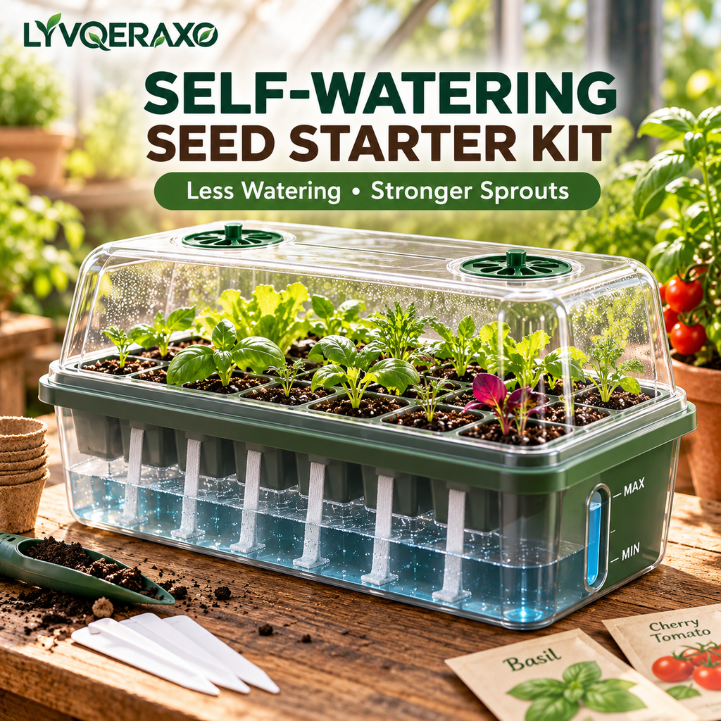 Self-Watering Seed Starter Tray Kit with Water Reservoir, Capillary Wicks & Ventilated Humidity Dome for Indoor Seed Starting
