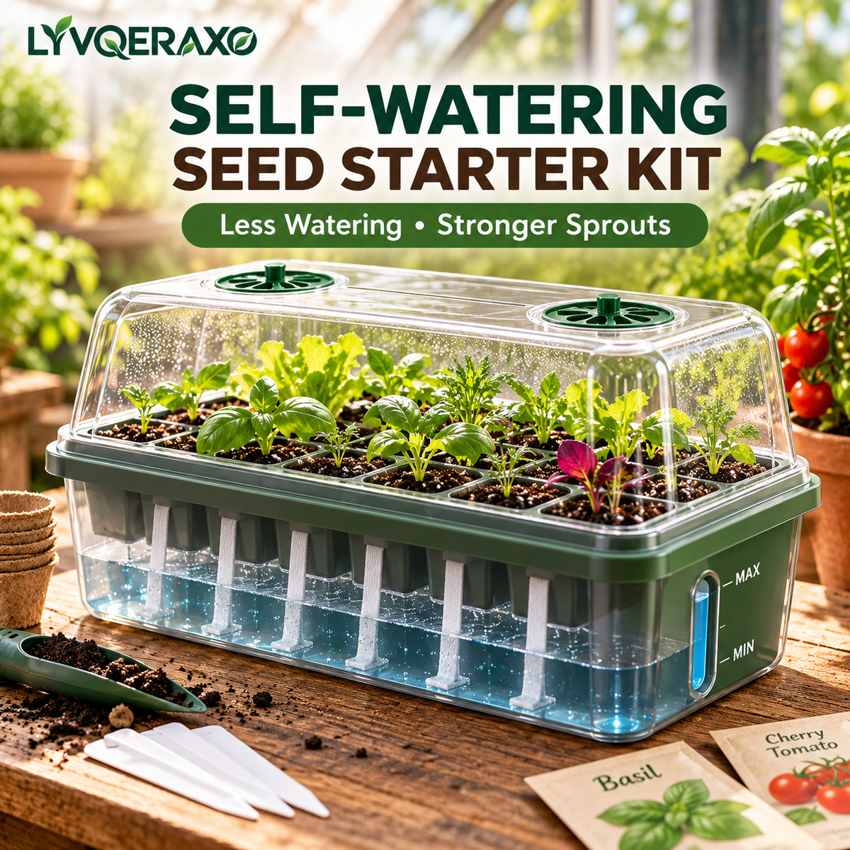 Self-Watering Seed Starter Tray Kit with Water Reservoir, Capillary Wicks & Ventilated Humidity Dome for Indoor Seed Starting