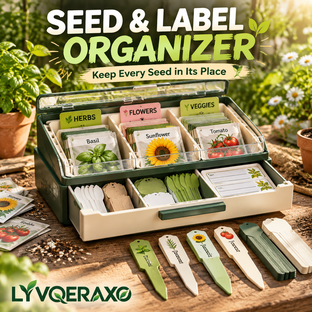 Seed & Plant Label Organizer Box with Adjustable Dividers, Drawer & Garden Tag Storage