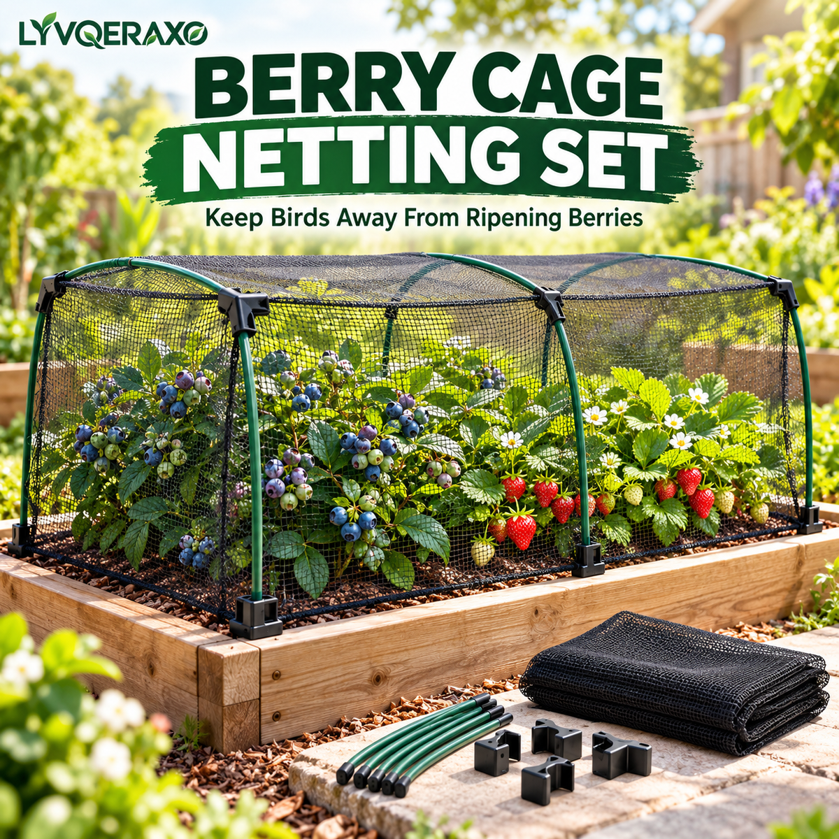 Berry Cage Netting Set with Modular Support Frame, Fine Mesh Cover & Connectors for Strawberries, Blueberries and Raised Beds