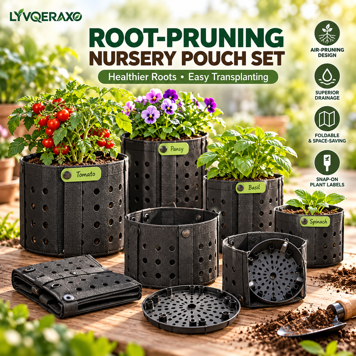 Air-Pruning Nursery Pots with Perforated Sides, Removable Base & Clip-On Plant Labels for Seedlings and Transplanting
