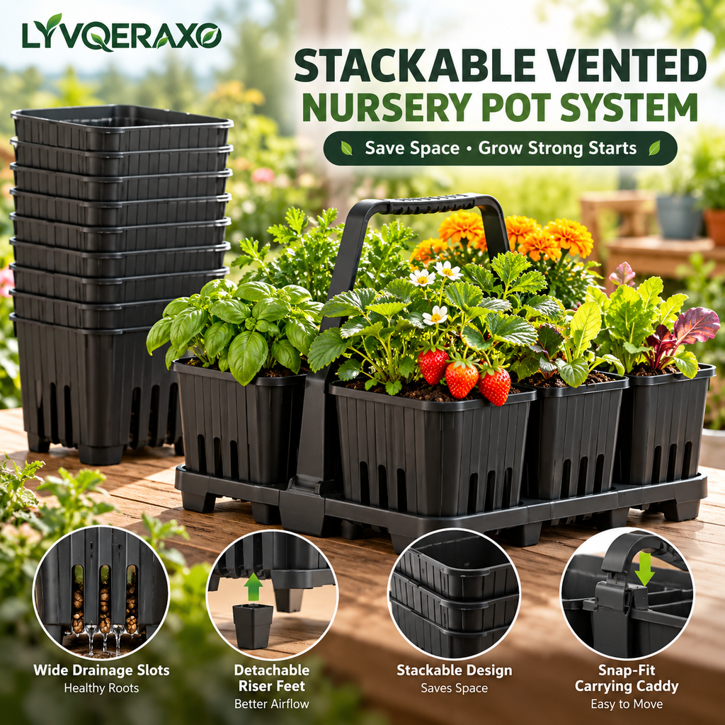 Stackable Vented Nursery Pots with Drainage Slots, Riser Feet & Carrying Caddy for Seedlings, Herbs and Patio Plants