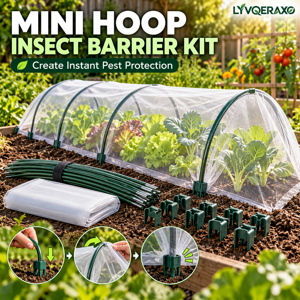 Mini Hoop Insect Barrier Kit with Garden Hoops, Fine Mesh Netting & Clip Connectors for Raised Beds, Seedlings and Vegetables