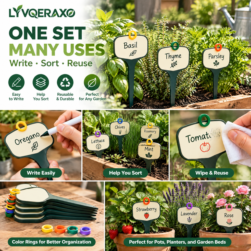 Reusable Garden Plant Markers Set with Color-Coded Rings & Marker Pen for Herbs, Vegetables & Seedlings