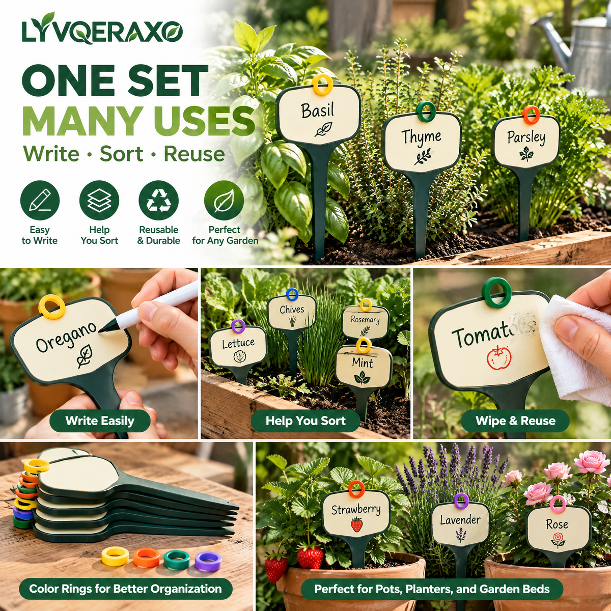 Reusable Garden Plant Markers Set with Color-Coded Rings & Marker Pen for Herbs, Vegetables & Seedlings