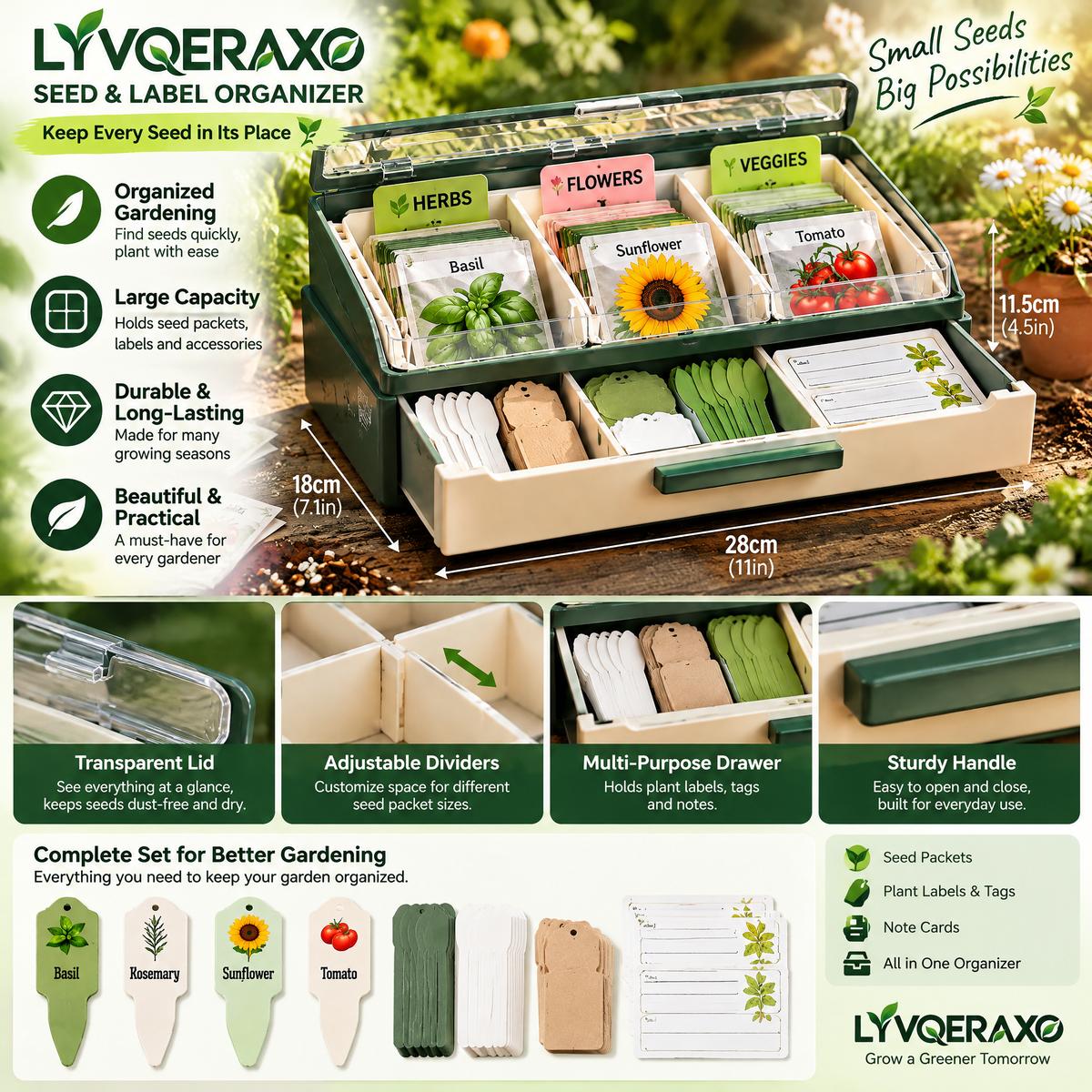 Seed & Plant Label Organizer Box with Adjustable Dividers, Drawer & Garden Tag Storage