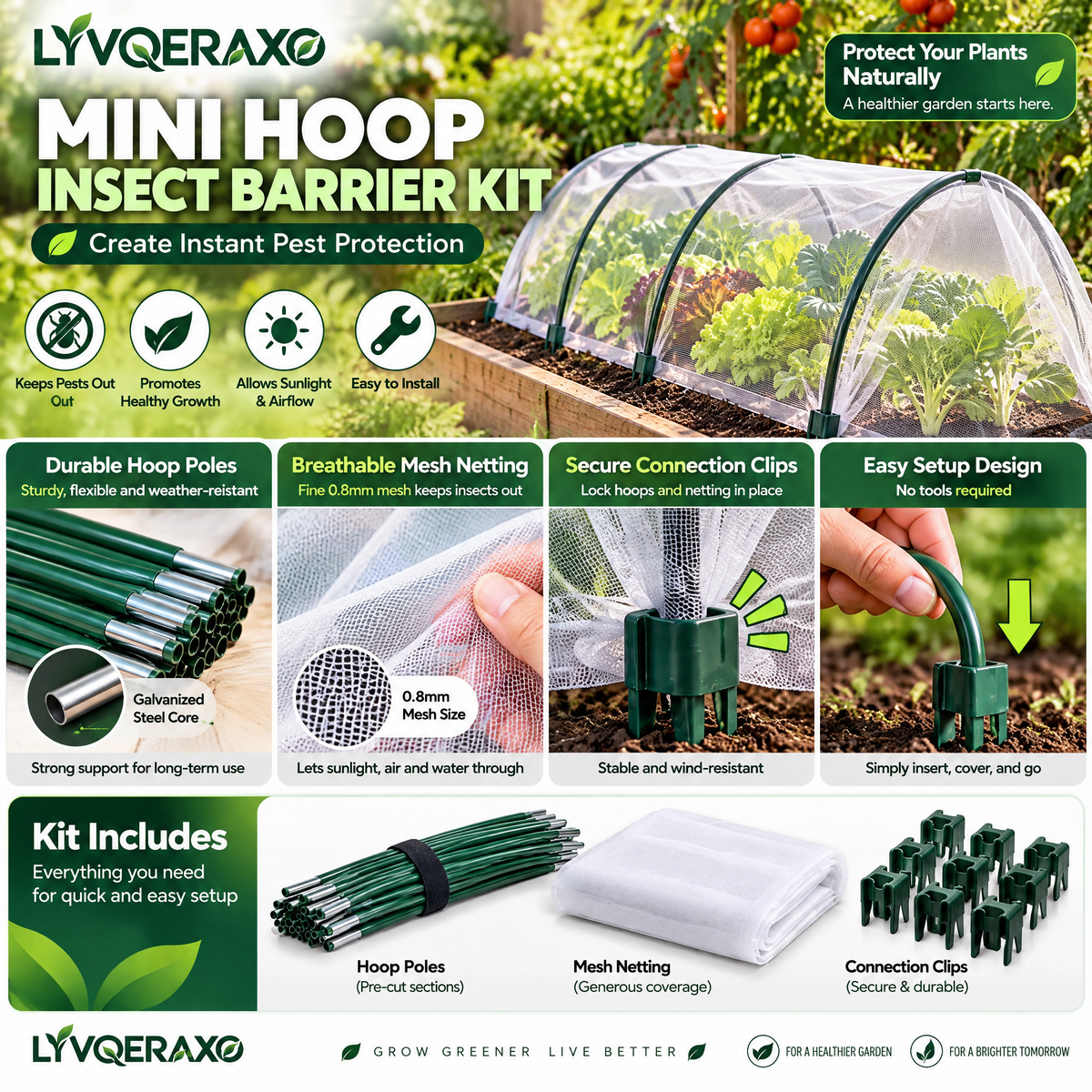 Mini Hoop Insect Barrier Kit with Garden Hoops, Fine Mesh Netting & Clip Connectors for Raised Beds, Seedlings and Vegetables