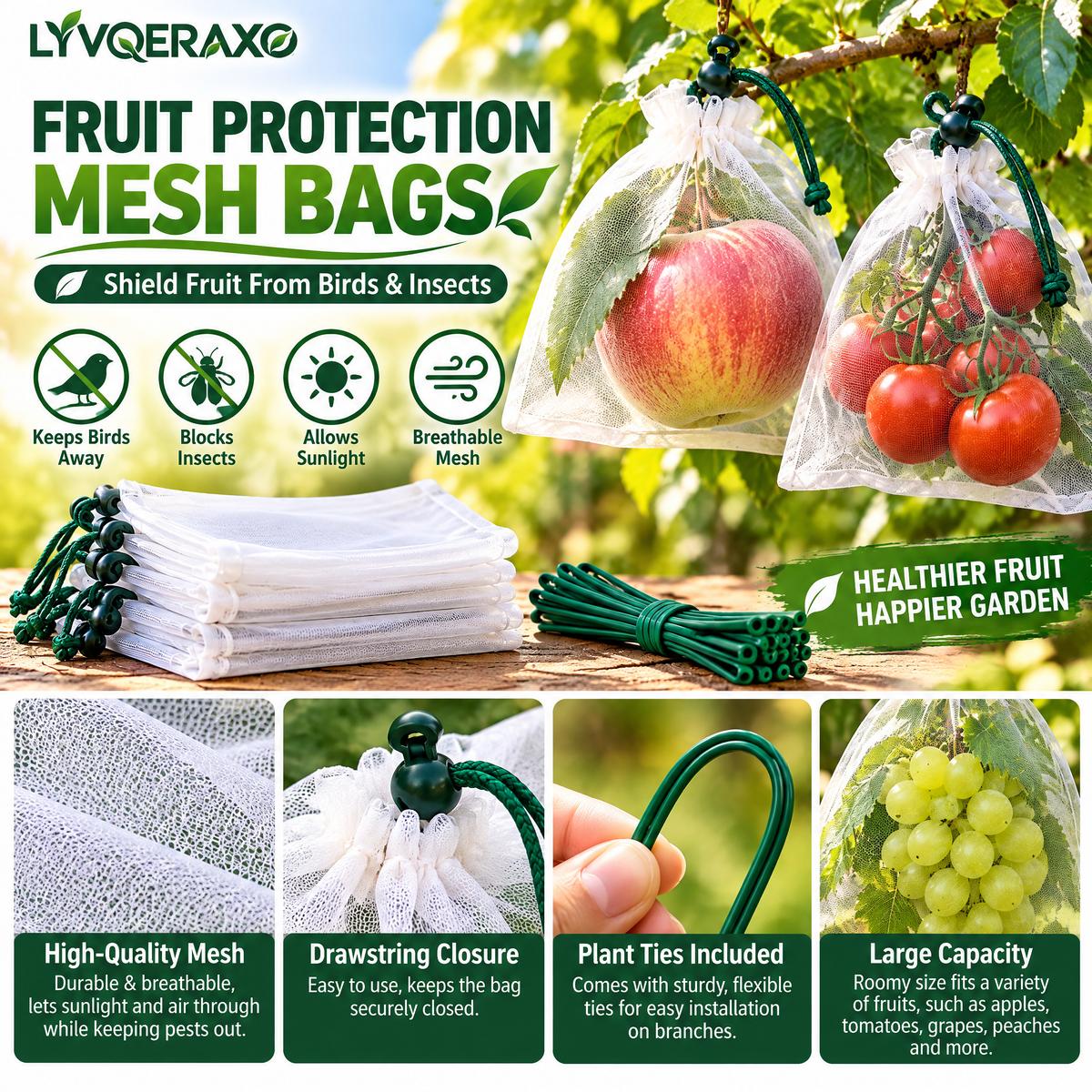 Fruit Protection Mesh Bags with Drawstrings for Apples, Peaches, Grapes, Tomatoes & Garden Harvests