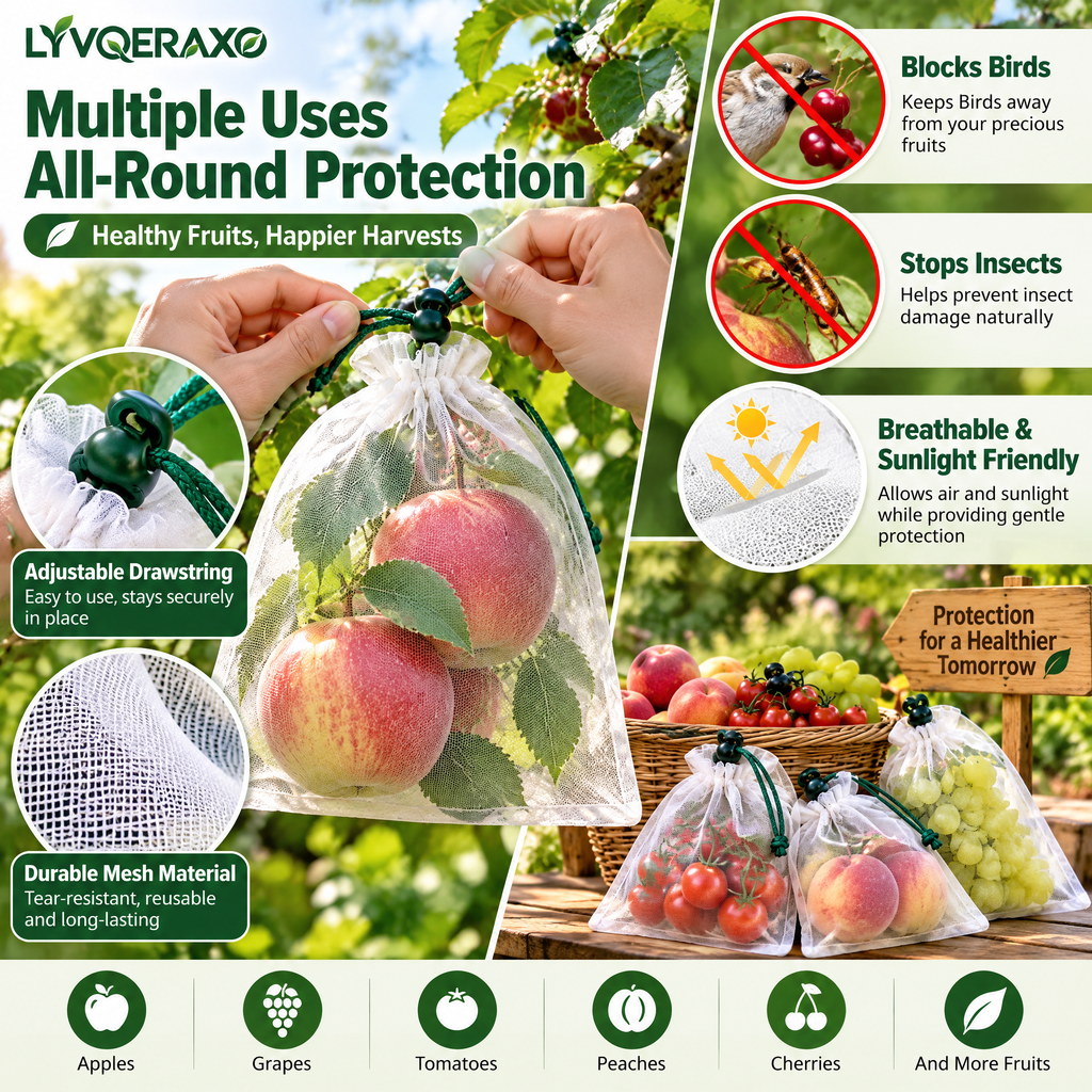 Fruit Protection Mesh Bags with Drawstrings for Apples, Peaches, Grapes, Tomatoes & Garden Harvests