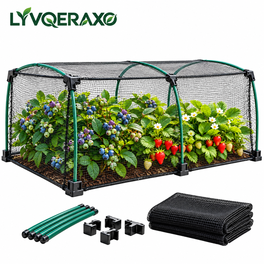 Berry Cage Netting Set with Modular Support Frame, Fine Mesh Cover & Connectors for Strawberries, Blueberries and Raised Beds