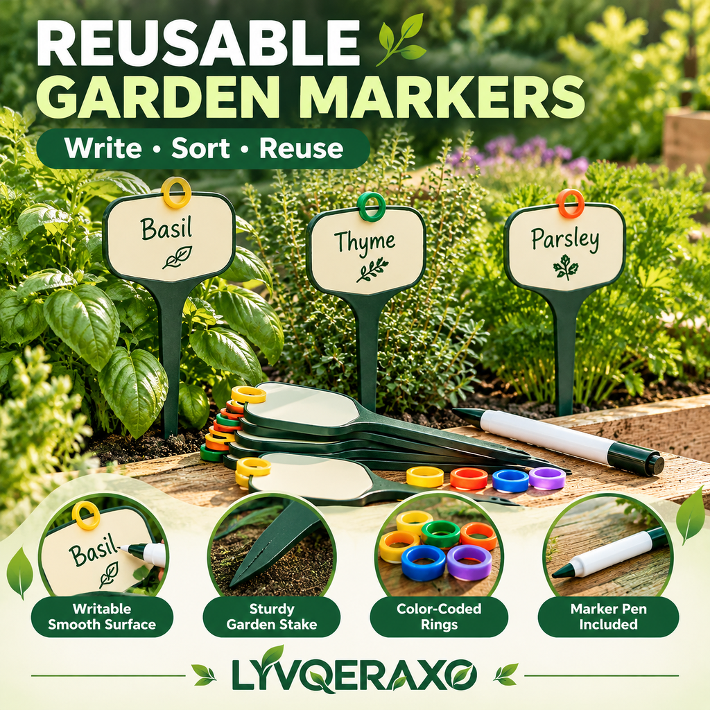 Reusable Garden Plant Markers Set with Color-Coded Rings & Marker Pen for Herbs, Vegetables & Seedlings