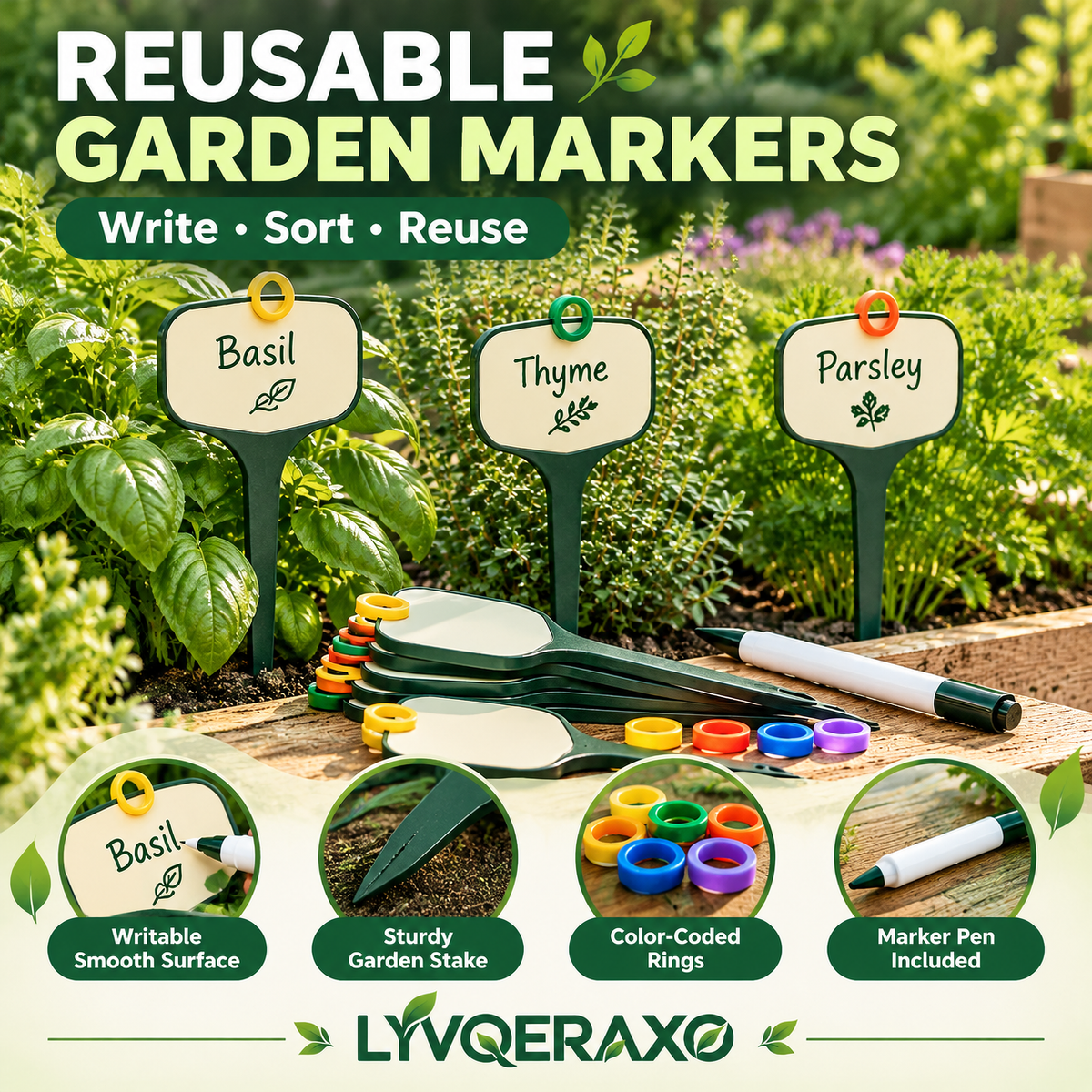 Reusable Garden Plant Markers Set with Color-Coded Rings & Marker Pen for Herbs, Vegetables & Seedlings
