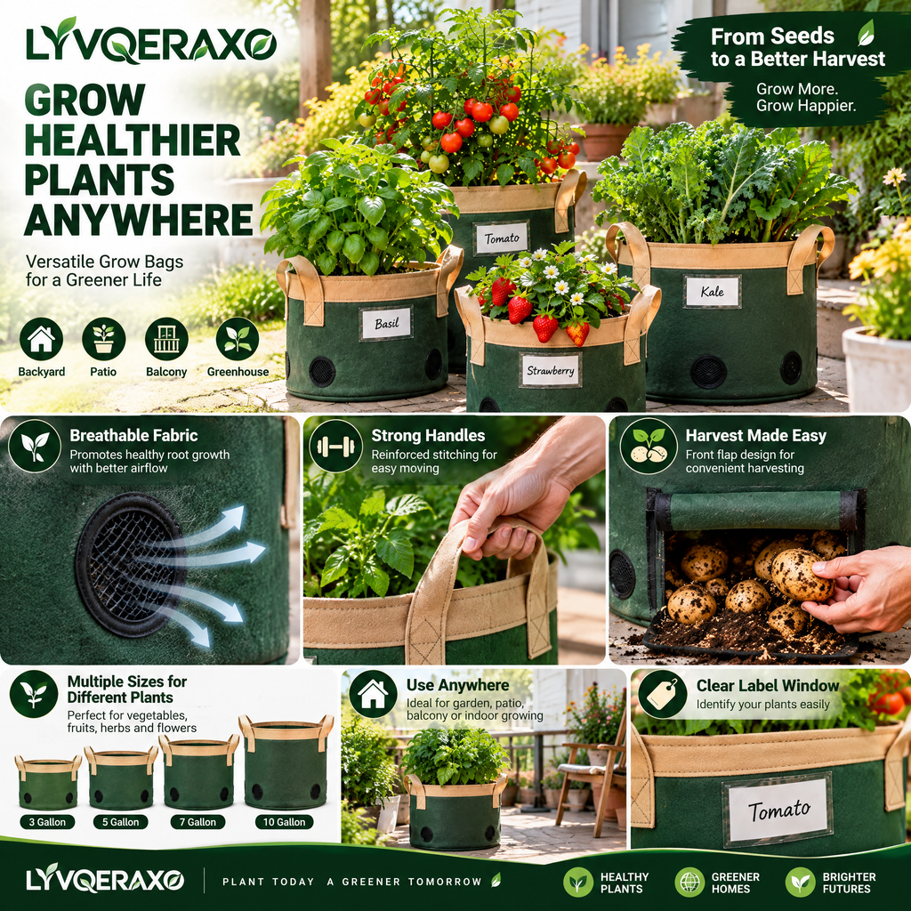 Breathable Fabric Grow Bags with Reinforced Handles & Harvest Flap for Potatoes, Tomatoes, Vegetables and Herbs
