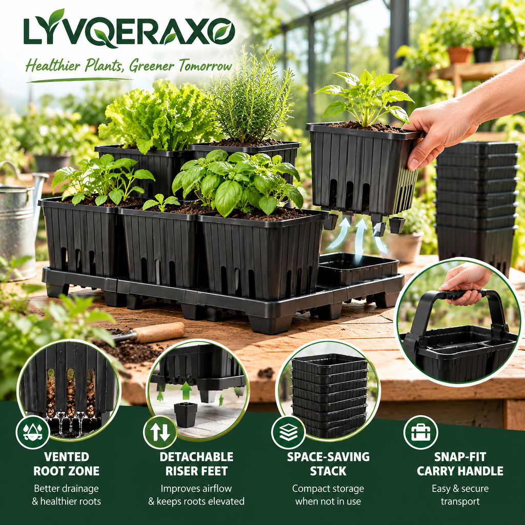 Stackable Vented Nursery Pots with Drainage Slots, Riser Feet & Carrying Caddy for Seedlings, Herbs and Patio Plants