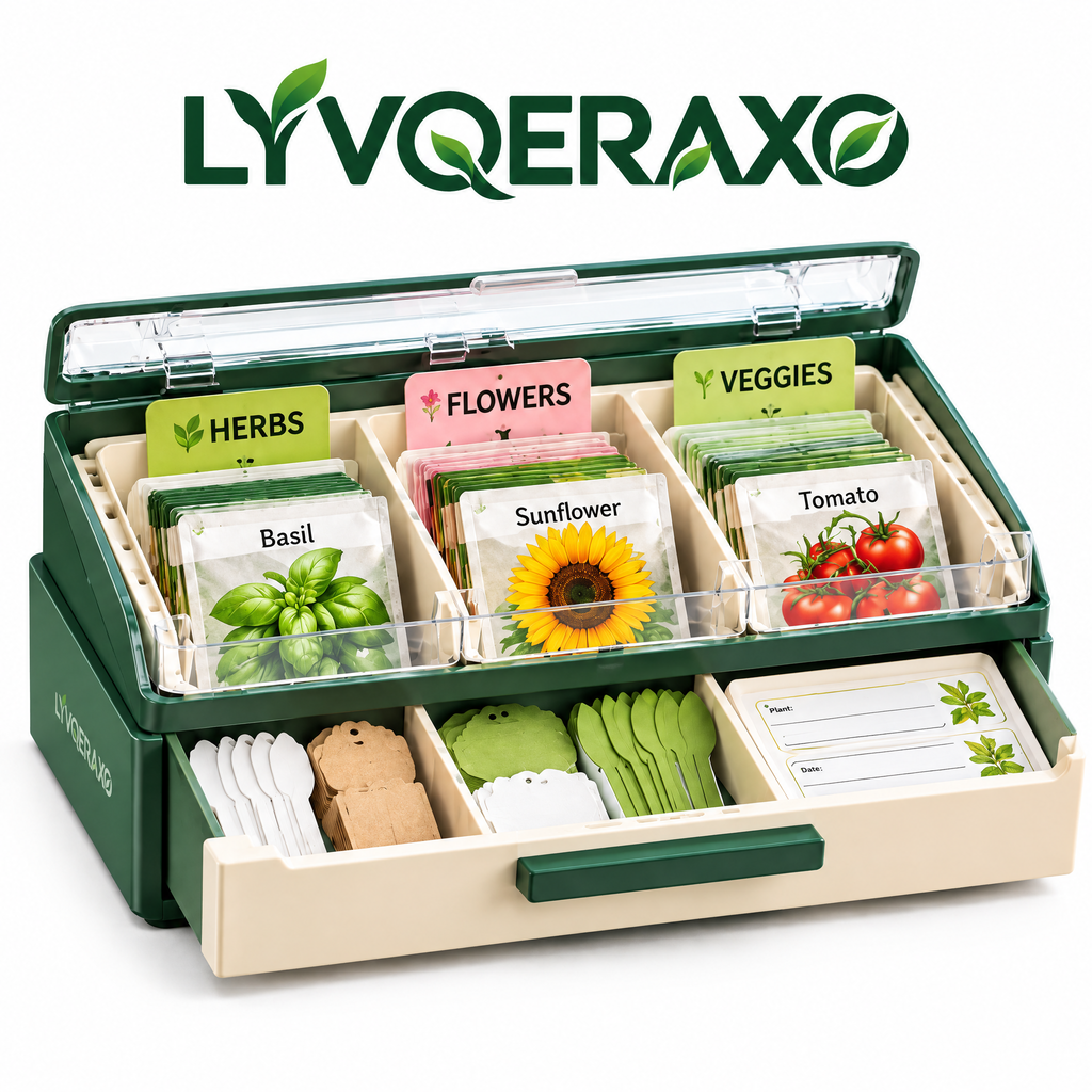Seed & Plant Label Organizer Box with Adjustable Dividers, Drawer & Garden Tag Storage