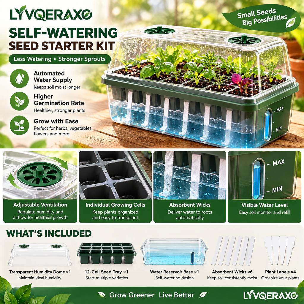 Self-Watering Seed Starter Tray Kit with Water Reservoir, Capillary Wicks & Ventilated Humidity Dome for Indoor Seed Starting