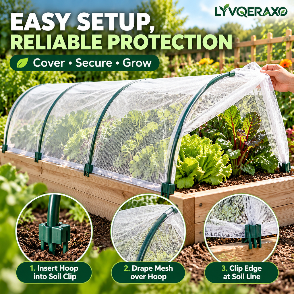 Mini Hoop Insect Barrier Kit with Garden Hoops, Fine Mesh Netting & Clip Connectors for Raised Beds, Seedlings and Vegetables