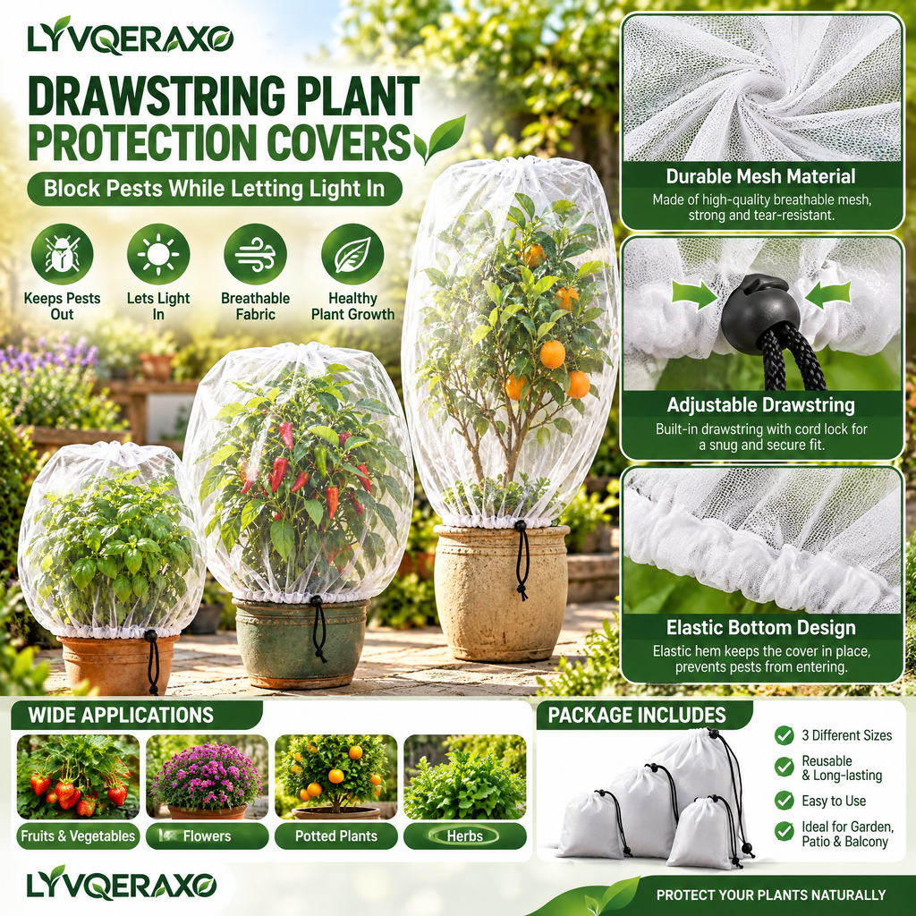 Drawstring Plant Protection Covers with Breathable Mesh Fabric for Potted Plants, Shrubs, Patio Trees and Vegetables