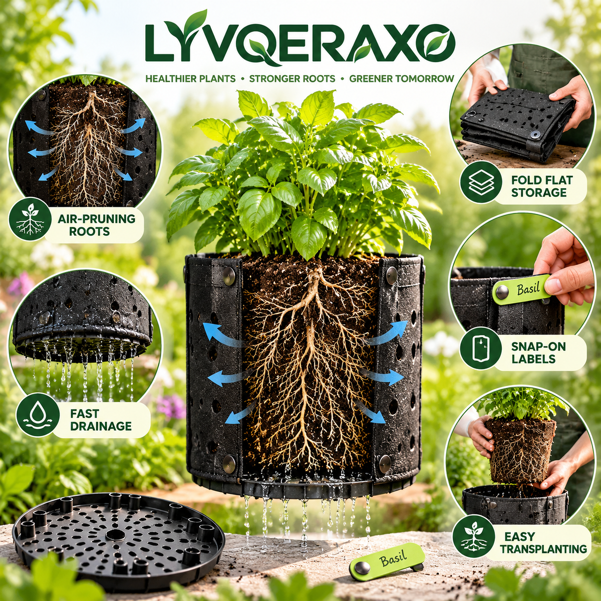 Air-Pruning Nursery Pots with Perforated Sides, Removable Base & Clip-On Plant Labels for Seedlings and Transplanting