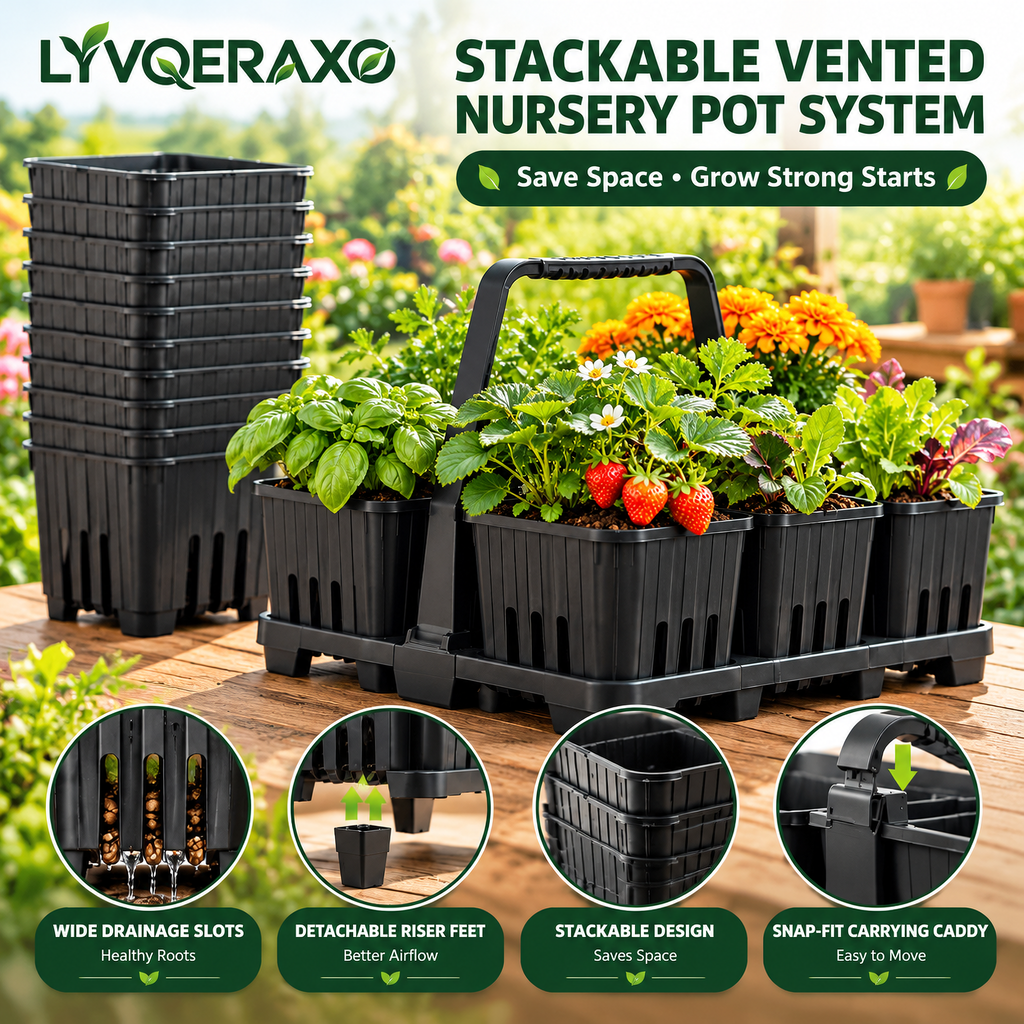 Stackable Vented Nursery Pots with Drainage Slots, Riser Feet & Carrying Caddy for Seedlings, Herbs and Patio Plants