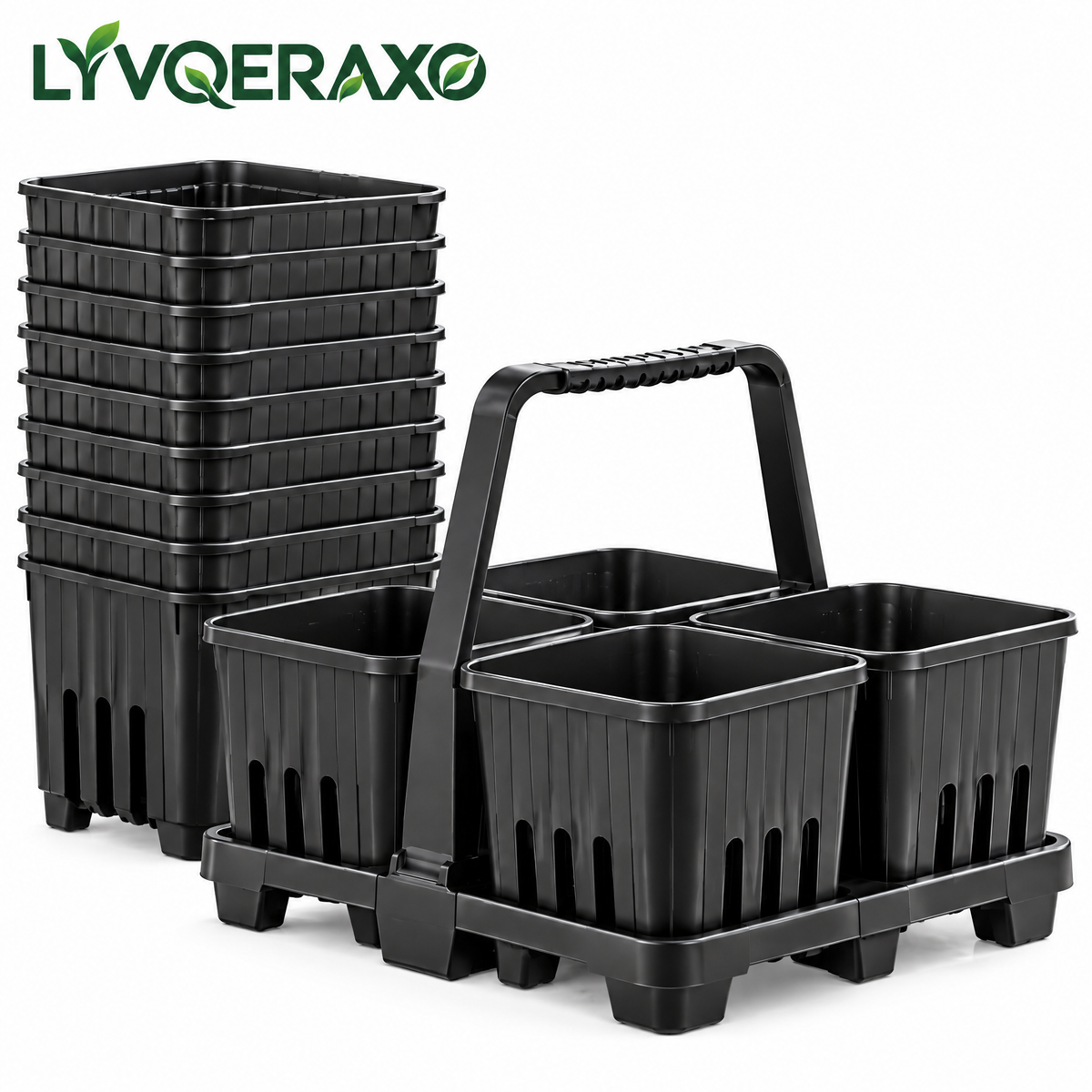 Stackable Vented Nursery Pots with Drainage Slots, Riser Feet & Carrying Caddy for Seedlings, Herbs and Patio Plants