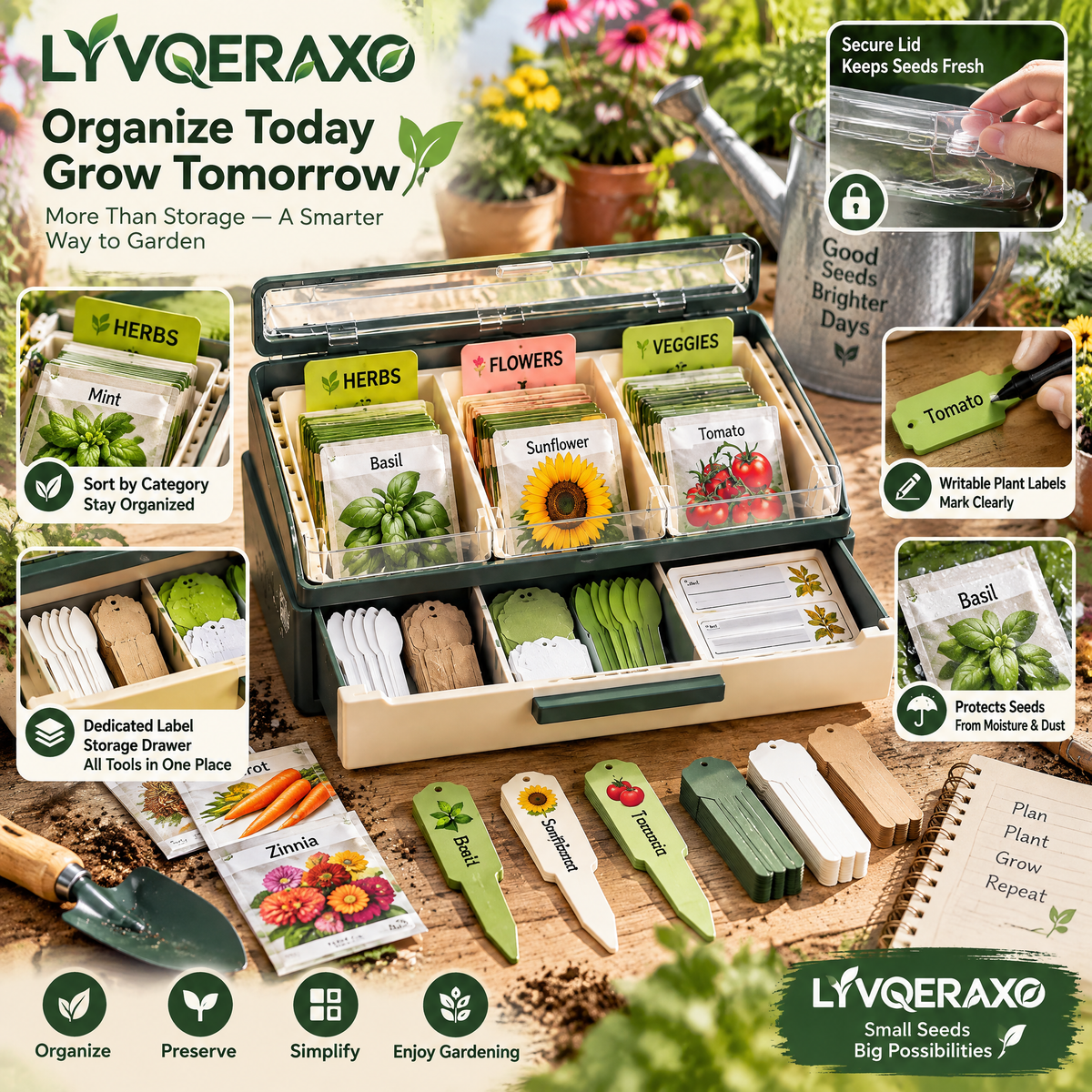 Seed & Plant Label Organizer Box with Adjustable Dividers, Drawer & Garden Tag Storage