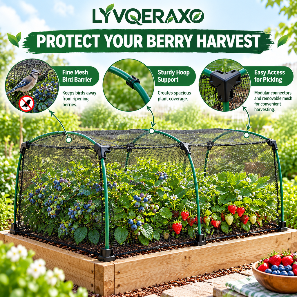 Berry Cage Netting Set with Modular Support Frame, Fine Mesh Cover & Connectors for Strawberries, Blueberries and Raised Beds