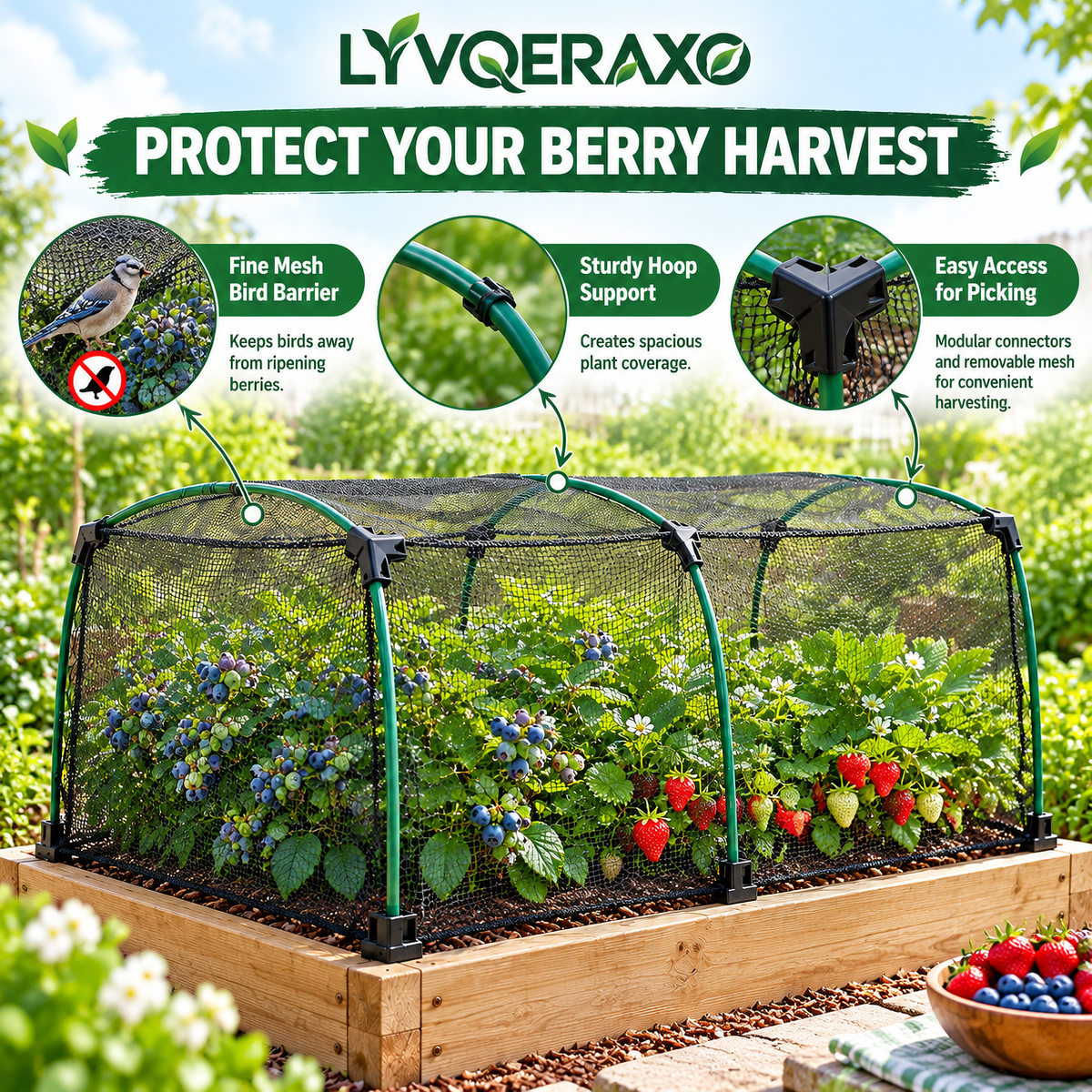Berry Cage Netting Set with Modular Support Frame, Fine Mesh Cover & Connectors for Strawberries, Blueberries and Raised Beds