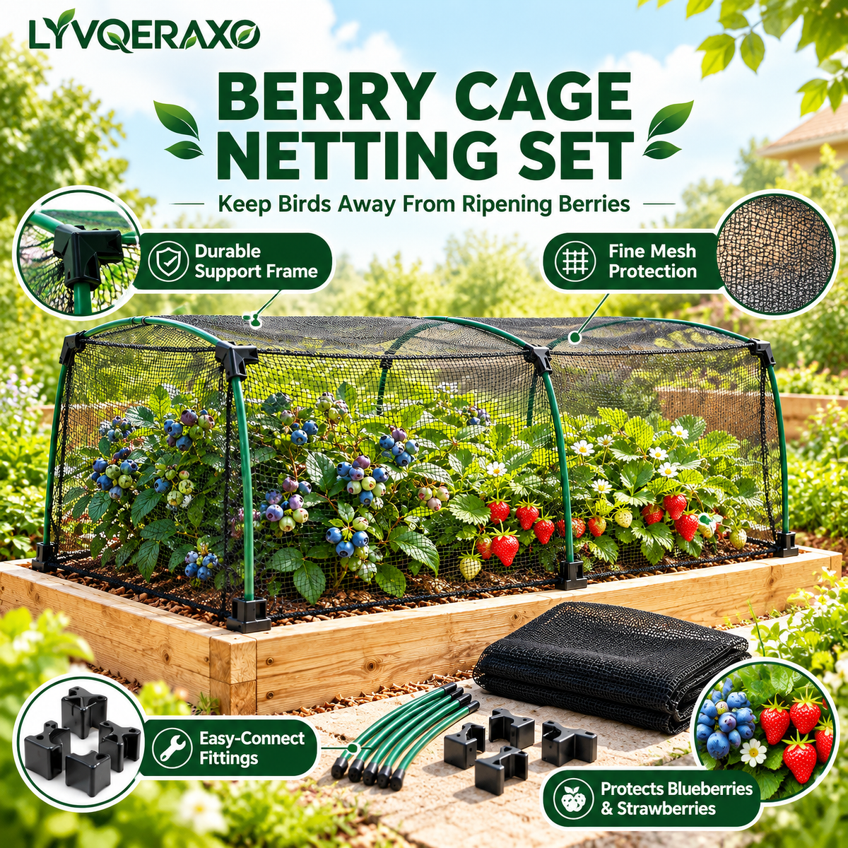 Berry Cage Netting Set with Modular Support Frame, Fine Mesh Cover & Connectors for Strawberries, Blueberries and Raised Beds