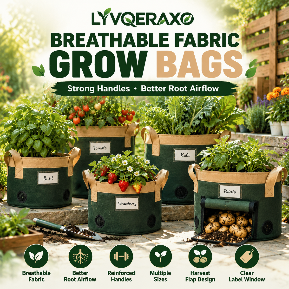 Breathable Fabric Grow Bags with Reinforced Handles & Harvest Flap for Potatoes, Tomatoes, Vegetables and Herbs