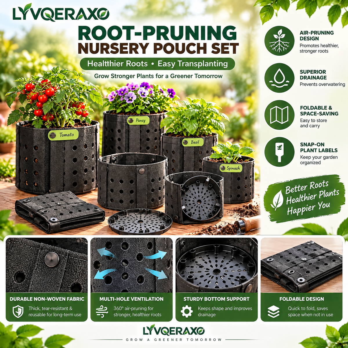 Air-Pruning Nursery Pots with Perforated Sides, Removable Base & Clip-On Plant Labels for Seedlings and Transplanting