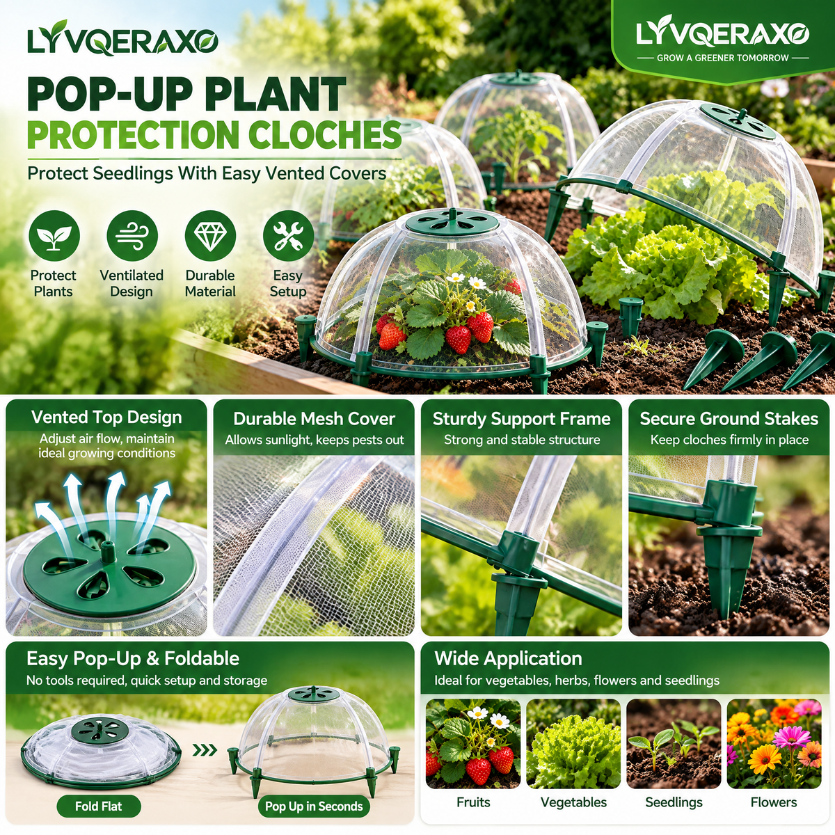 Pop-Up Plant Protection Cloches with Ventilated Tops & Ground Stakes for Seedlings, Vegetables and Garden Beds