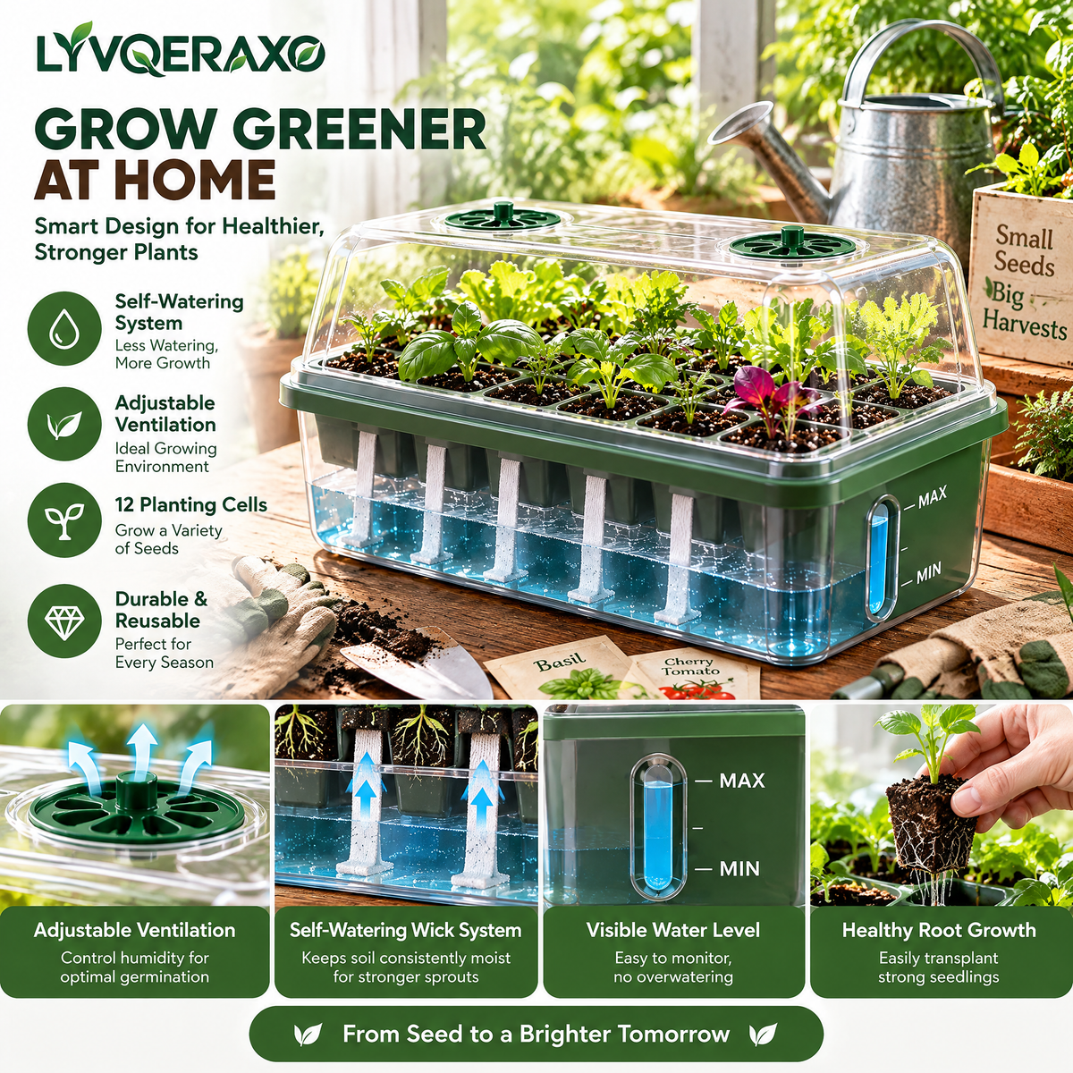 Self-Watering Seed Starter Tray Kit with Water Reservoir, Capillary Wicks & Ventilated Humidity Dome for Indoor Seed Starting